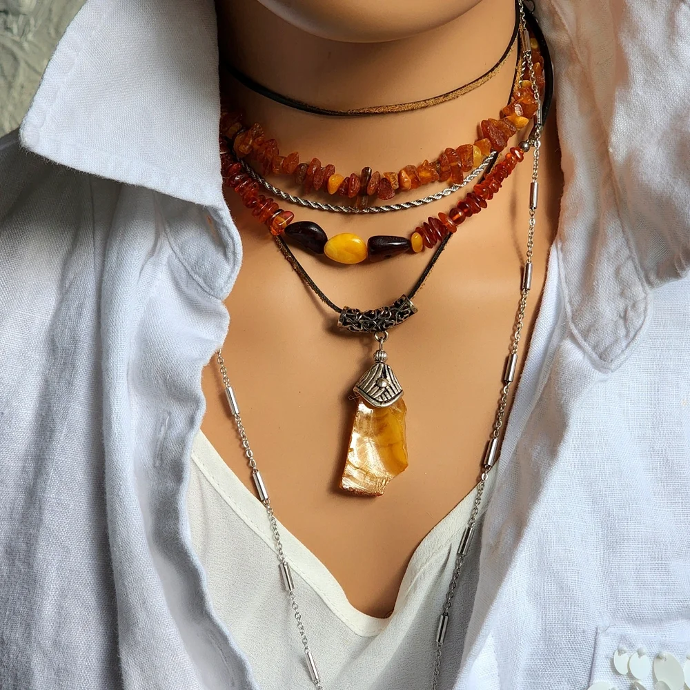 Amber Jewelry Natural Amber Nugget Rhodium Silver Pendant Genuine Leather